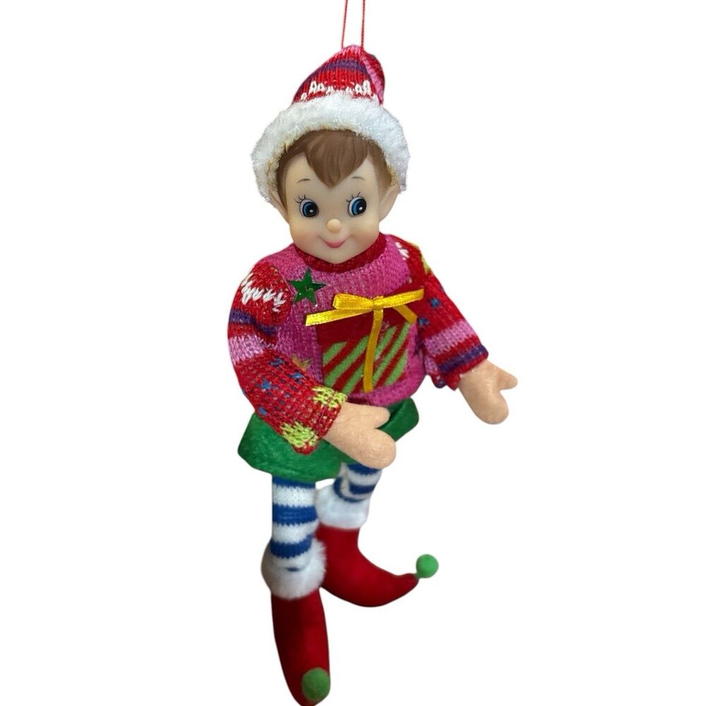 Vintage Style Poseable Christmas Elf Ornament Doll Wire Arms Legs 9”